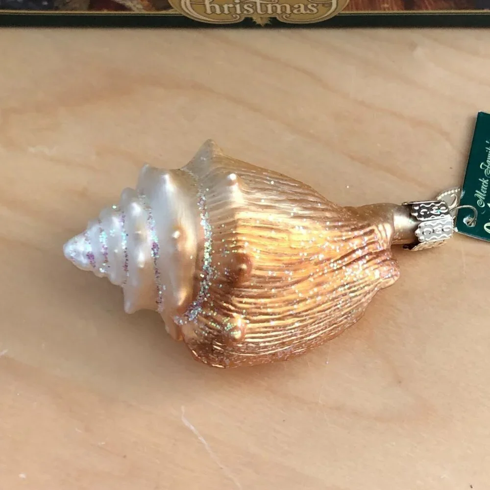 Old World Christmas Golden Seashell Blown Glass Ornament Ivory Beach House NEW